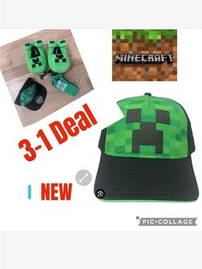 NEW 3-1 Minecraft Green Creeper Cap - Official Logo /socks /slippers